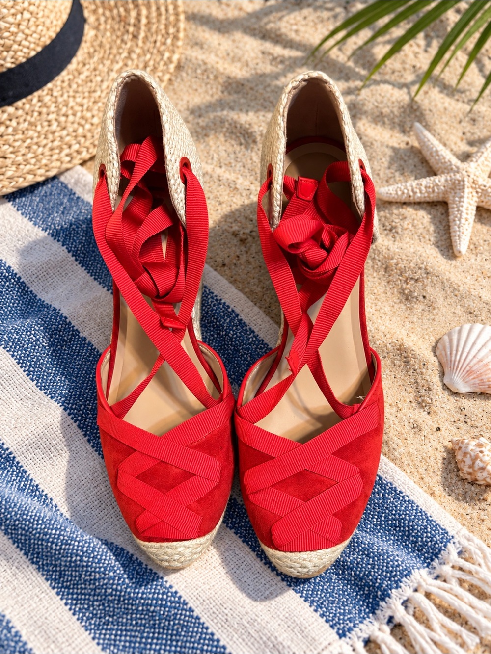 INC Merryy Espadrille Wedge Sandals Red/Natural Jute